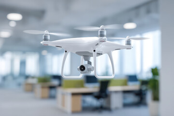 futuristic drones and robots seamlessly integrated into modern office environment