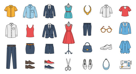 Fototapeta premium A comprehensive collection of apparel accessories footwear and sewing machine icons representing fashion styles