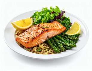 Healthy gourmet meal of roasted salmon fillet with asparagus and quinoa salad isolated on a white background