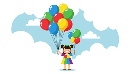 A Cheerful Youngster Holding a Colorful Bunch of Balloons in a Bright Skyscape