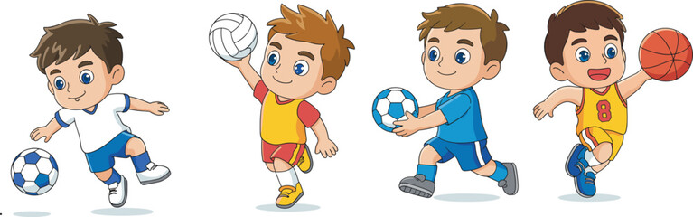 Group of cartoon boys playing soccer, volleyball, and basketball, active children sports illustration, fun physical activity for kids, colorful