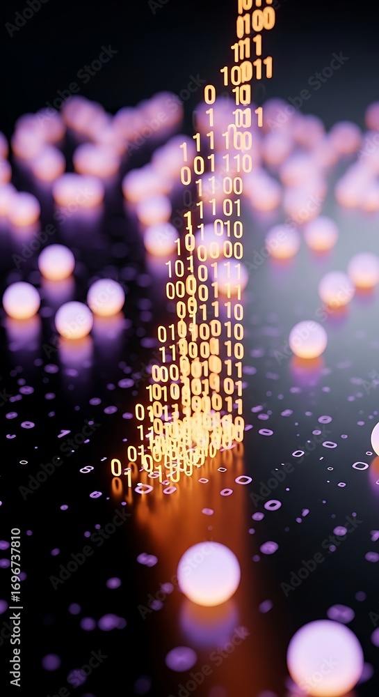 Poster digital data stream flowing through illuminated spheres on a dark surface