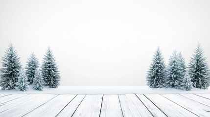 Fototapeta premium Winter scene with snow covered evergreens on white wood