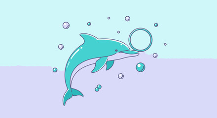 A Delightful Cartoon Dolphin Playing with Bubbles within a Colorful Illustration