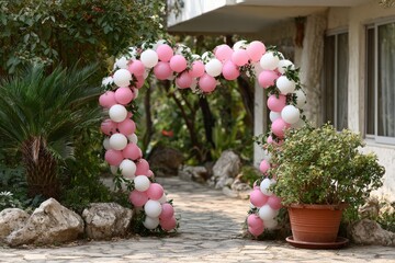 Pink and white heart balloon arch decoration for wedding celebration and romantic outdoor party