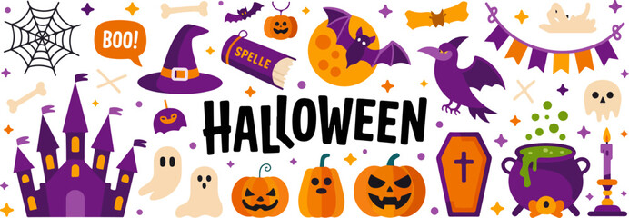 cute halloween ghost pumpkin bat cat set vector illustration