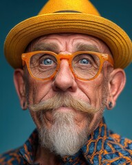 Confident Close-up Studio Portrait of a Senior Man with Expressive Moustache and Yellow Fedora, Sporting Distinctive Orange-Rimmed Glasses on a Turquoise Background, Unique and Stylish