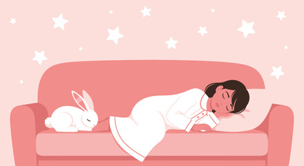 A Peaceful Dreamscape: Woman and Bunny Resting on a Couch Beneath Starry Sky