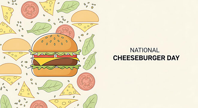 Delicious cheeseburger illustration celebrating national cheeseburger day with fun food background