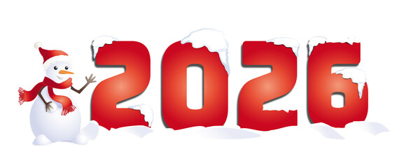 2026 rouge dans la neige, recouvert de neige à côté d'un bonhomme de neige, illustration sur fond transparent
