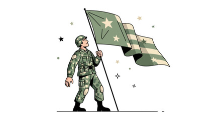Naklejka premium Animated Soldier Stands Proudly Holding Military Flag Representing Courage and Strength