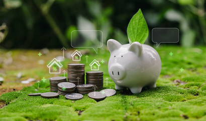 White piggy bank surrounded by coins and green leaves representing savings, investment, and...
