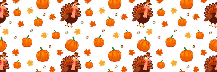 Happy Thanksgiving pattern, turkey, hat, realistic pumpkin, wheat ears, yellow leaves, orange leaf, red berries, autumn, vector on a white background