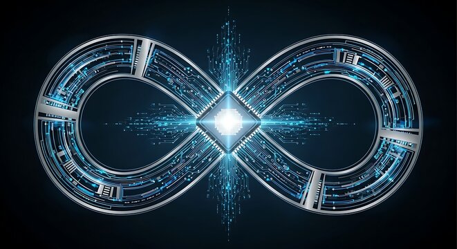 Abstract Digital Infinity Symbol with Glowing Center and Circuitry Patterns