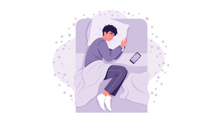 A Sleeper Lying Down In Bed, Checking Phone, Digital Addiction Concept Illustration