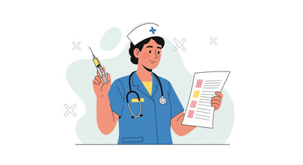 A Smiling Nurse Holding A Syringe And Checking A Medical Document In A Hospital