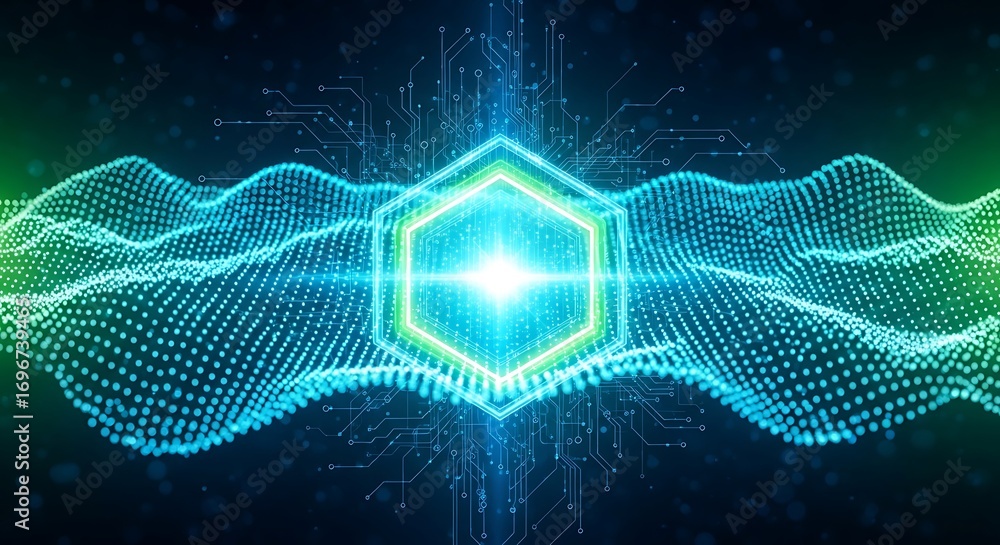 Poster futuristic digital hexagon core emitting light surrounded by abstract data waves