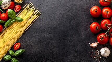 Uncooked spaghetti tomatoes and basil on dark background