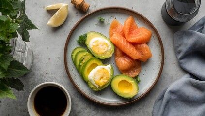 Overhead Shot: Gourmet Breakfast Plate of Smoked Salmon, Avocado, and Egg; Minimalist Style, Healthy Mood
