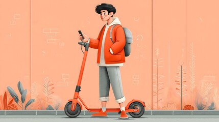 A contemporary vector illustration of a young commuter standing next to an orange electric scooter against a minimalist peach background for urban mobility presentations
