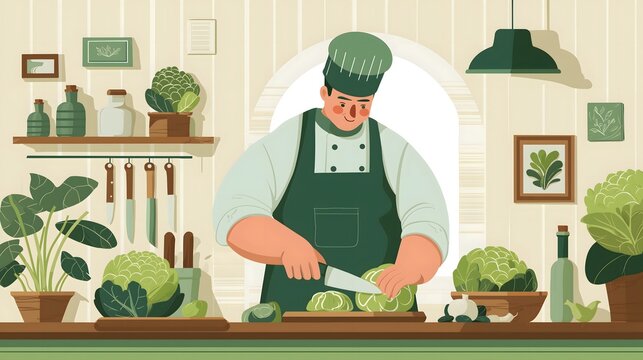 A cheerful chef slicing fresh green cabbage in a modern flat vector illustration ideal for recipe blogs and cooking tutorials