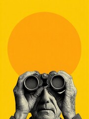 Engraved Style Portrait of Senior Man Using Binoculars Against a Bold Orange Sun and Yellow Background, Focus Vision Concept