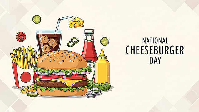 Delicious cheeseburger meal with fries soda and condiments celebrating national cheeseburger day