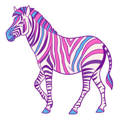 Stylized zebra with pink, purple, and blue stripes