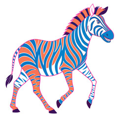 Stylized zebra with orange, blue, and white stripes