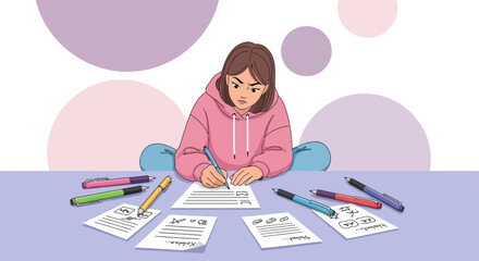 A Young Woman Concentrates On Writing and Making Notes at Desk Using Multiple Pens