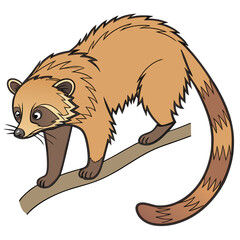 Cartoon coati animal walking on a branch