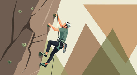 Naklejka premium Athlete Ascending The Rock, An Illustration of Sport Activity, with Decorative Mountains