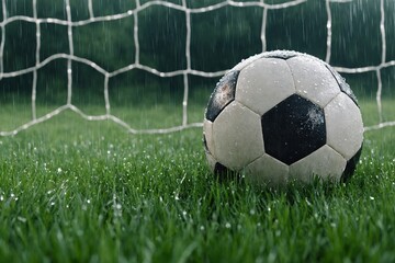 Fototapeta premium Soccer ball in heavy rain on wet green field near goal close up