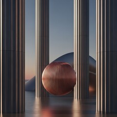 Surreal architectural scene with copper sphere and fluted columns architecture abstract.
