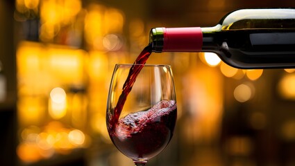 A bottle of red wine is being poured into a glass on a bar counter with a blurred warm bokeh background.