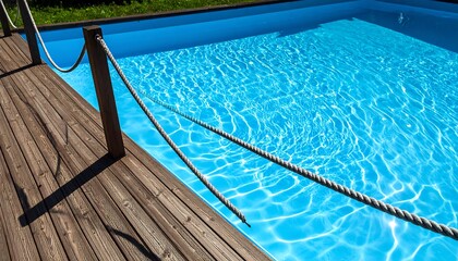 Obraz premium A Serene Swimming Pool Scene with Wooden Deck and Sparkling Water