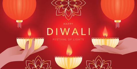 Happy Diwali Festival of Lights banner with hands holding traditional oil lamps, glowing diya flames, red lanterns and golden mandala ornaments. Vector illustration for greeting cards, posters, banner © roze ultra