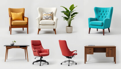 Fototapeta premium Items such as colorful furniture and household decor create welcoming atmosphere with modern chairs and desks