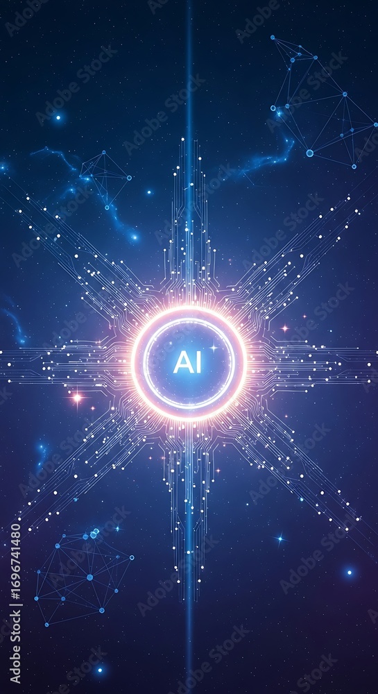 Poster advanced artificial intelligence digital network with glowing center abstract technology