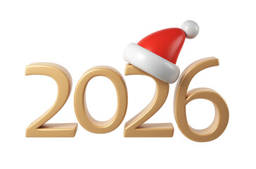 Golden 3d numeral 2026 wearing festive christmas santa hat, celebrating holiday transparent season against background