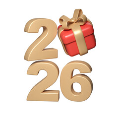 Golden 2026 numeral glimmering beside wrapped red gift box, adorned with shiny ribbon background on transparent golden