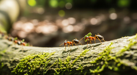 Close-up of leafcutter ants marching in line carrying green leaves across mossy branch