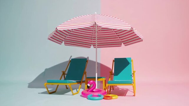 Tropical summer leisure scene featuring pink and white beach umbrella sheltering teal loungers with inflatable flamingo floaties against pastel gradient backdrop