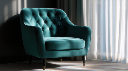 Velvet backrest chair in luxury apartment with sunlight streaming through sheer curtains creating cozy and elegant atmosphere