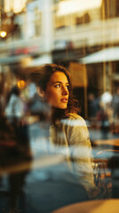Young pensive woman inside a cafe at late afternoon seen through the window from outside. 