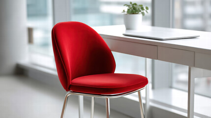 Velvet chair for modern workspace with red upholstery and metal legs near white desk and laptop in bright office interior