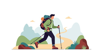 Adventurer Exploring Nature with Backpack and Trekking Poles on Scenic Trail