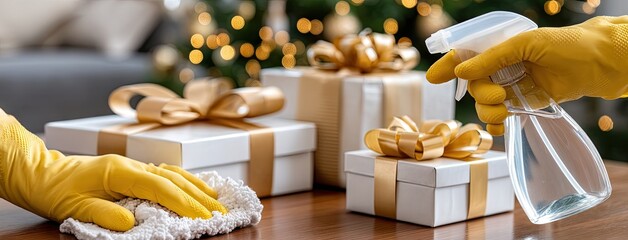 Cleaning and preparing holiday gifts with spray cleaner and cloth in a cozy room decorated for the festive season
