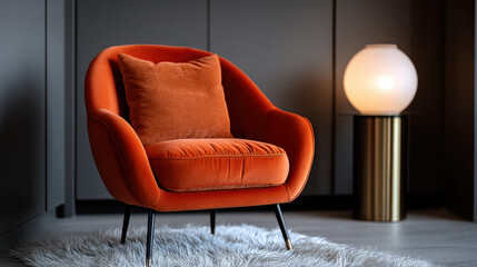Velvet chair in modern bedroom design with orange upholstery and cozy atmosphere on soft rug beside glowing lamp