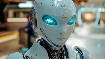 White robot with bright blue eyes looking ahead in an indoor setting - Powered by Adobe